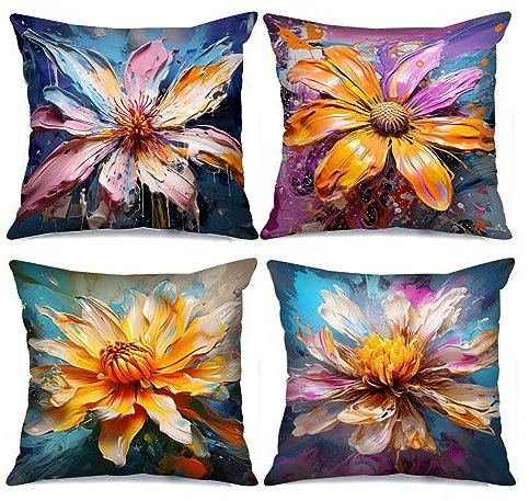 Tucocoo 4 Stück abstrakte Blumen-Kissenbezüge, quadratische Kissenbezüge, 45 x 45 cm, Aquarellblumen, dekorativ, modern, farbenfroh für Sofa, Bett, Couch, Auto, Überwurf-Kissenbezüge