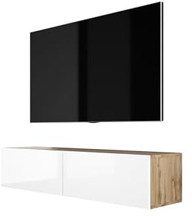 3E 3xE living.com Mobile TV sospeso (L x P x A): 140 cm, A: 34 cm, P: 32 cm, Mobile TV in Rovere Wotan, bianco lucido