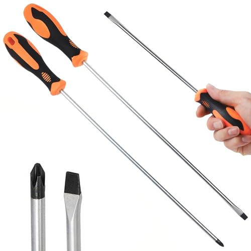 PRITOK Lot de 2 tournevis longs : tournevis cruciforme et tournevis plat, tournevis magnétique en acier au chrome vanadium avec poignées antidérapantes pour machine à coudre outil à main DIY