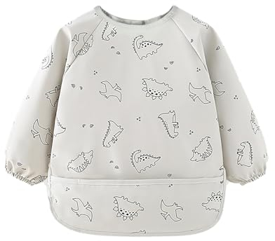 HiABsee Baby Lätzchen mit ärmel, Wasserdichte Lätzchen Kleinkind mit ärmeln, Abwaschbares ärmellätzchen für Babys von 6 Monaten bis 36 Monaten (Dinosaur)
