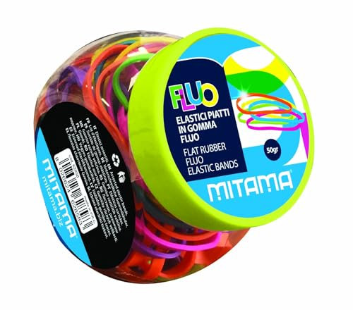 Mitama - Barattolo Elastici Colorati piatti Fluo – elastici in gomma – contenuto 50 grammi – Colori assortiti inclusi FLUO – Barattolo 100% riciclabile– dimensioni barattolo 9 x 7 cm