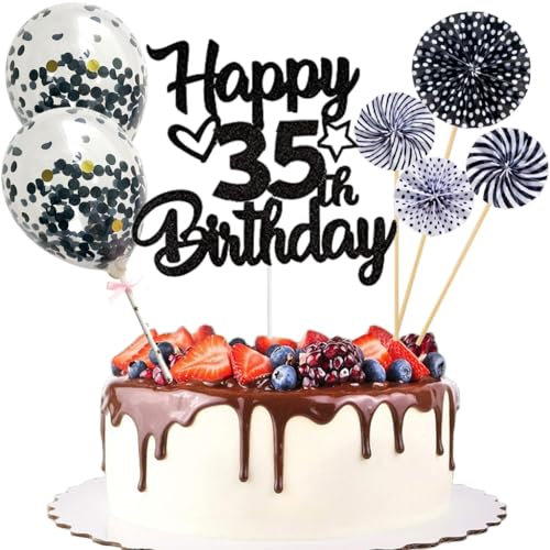 Anlgdi Tortendeko 35. Geburtstag Mann Frau, Kuchen Topper Happy 35th Birthday Schwarz, Glitzer Cake Topper 35. Geburtstag Ballons Konfetti Papierfächer für Geburtstagstorte Deko 35 Jahre Frauen Männer