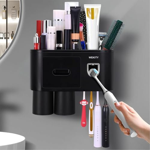 Multifunktionaler Wand-Zahnbürstenhalter, Automatischer Zahnpasta-Spender Platzsparender Zahnbürsten- und Zahnpasta-Halter, mit 2 Bechern und Schubladen Kosmetik-Organizer (1 X Zahnpasta)