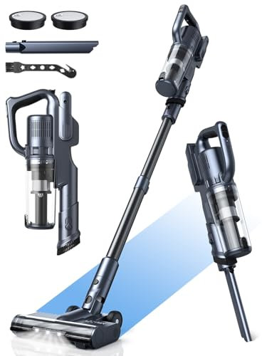 MIUZZY 30000Pa Aspirateur sans Fil, Aspirateur Balai avec 50 Min d'autonomie, Autoportant, Anti-enchevêtrement, Léger et Puissant, Aspirateur pour sols durs, Tapis et Poils d'animaux, Noir