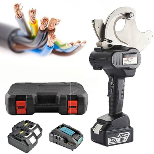FJYAWEN Coupe-Câble à Batterie, Coupe-Câble à Cliquet électrique 60 KN avec Affichage LED/2 Batteries, Outil De Coupe De Fil, Coupe-Câble Disponible pour Fils en Cuivre Et en Aluminium,65