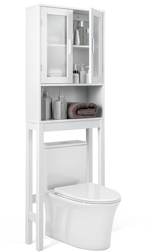 GOPLUS Meuble WC Au-Dessus des Toilettes, Armoire Autoportante pour Salle de Bain avec Doubles Portes en Verre Trempé, Etagère Ouverte et Réglable,58x1 x170cm, Blanc