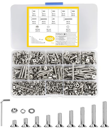 Juego de 1000 tornillos M4, tornillos de cabeza avellanada, juego de tuercas hexagonales y tuercas de cabeza plana, juego de tornillos y arandelas de acero inoxidable, surtido de tornillos de máquina