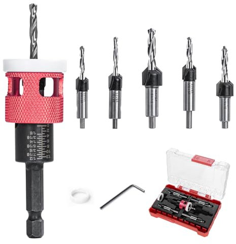 5tlg Bohrsenker Holzbohrer mit Senker Holz Senkbohrer Set -3,2/3,5/4/4,4/4,8mm Bohrer+9,5mm 12,7mm 82° Senkung,6,35mm Sechskantschaft Einstellbar Vorbohrer mit tiefenstop Senker Bohrer Set