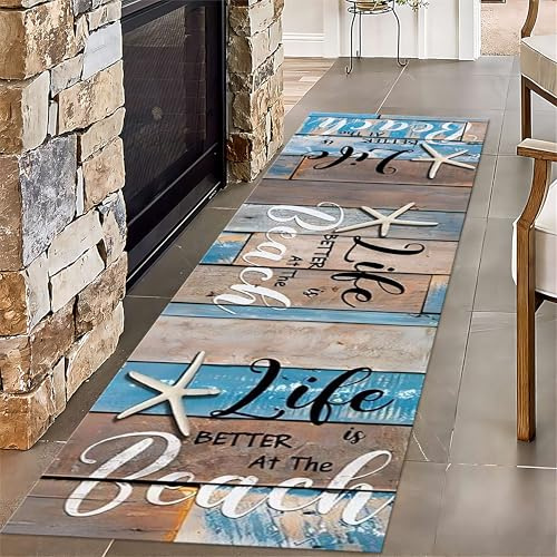 SMXVRC Meer Strand Großer Teppich, 60x150cm, Vintage Küstendeko Seestern Eingangsmatte, Holzplattendruck Faltbar rutschfest Weich Geräuschreduzierung Teppiche für Terrasse Schlafzimmer