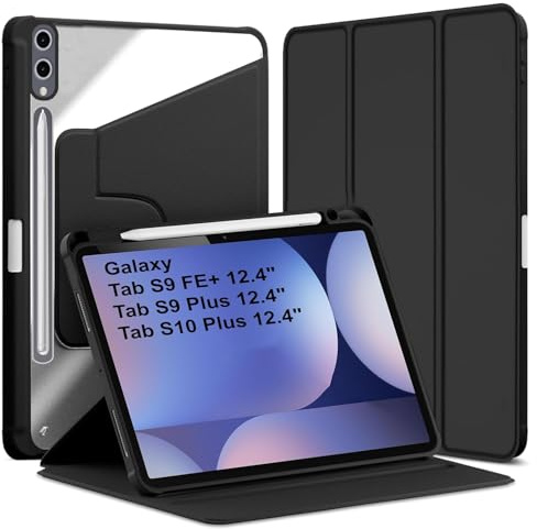 World biz Case for Samsung Galaxy Tab S10+, Galaxy Tab S9 FE+ /S9 Plus 12.4 Inch with Pencil Holder, 360 Degree Rotation Protective Trifold Smart Cover, Auto Wake/Sleep (Black)