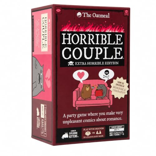 Exploding Kittens Horrible Couple Extra Horrible, 2-8 Players, 17+ | Create darkly funny comics with questions, responses, and absurd compromises. Play as a couple or with friends! Adults only!
