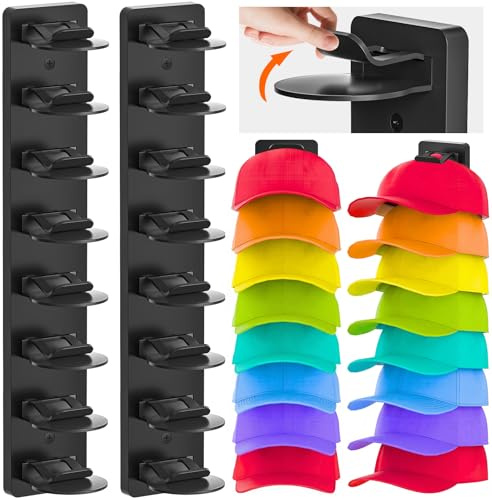 Eiito Hut-Organizer für Baseballkappen, 2 Stück, stark klebend, Hutablage für Wand, mehrschichtige Hutaufbewahrung, Wandmontage, Huthaken für bis zu 16 Hüte für Schranktür und Schlafzimmer (Black)