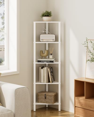 Apetaccat Eckregal mit 5 Ebenen, Standregal,dreieckiges Stand-Displayregal, platzsparendes Aufbewahrungsregal für Wohnzimmer, Schlafzimmer, Küche & Bad, weiß, 37 × 24 × 122 cm