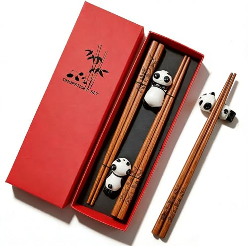 Rpanle Natural Wooden Chopsticks, 2 Pairs Japanese Reusable Chopsticks with Ceramic Panda Rest, Dishwasher Safe, for Sushi, Asian Dishes