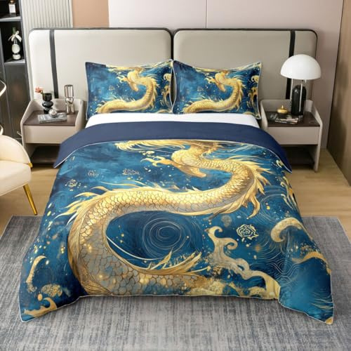 Homewish Orientalisch Gold Drache Baumwolle Bettwäsche 135x200 Dragon Männer Jungen Bettbezug Wasserwellen Glückswolken Geometrische Bettwäsche Set Neuer Nationaler Trend im Light-Luxury-Stil Bettset