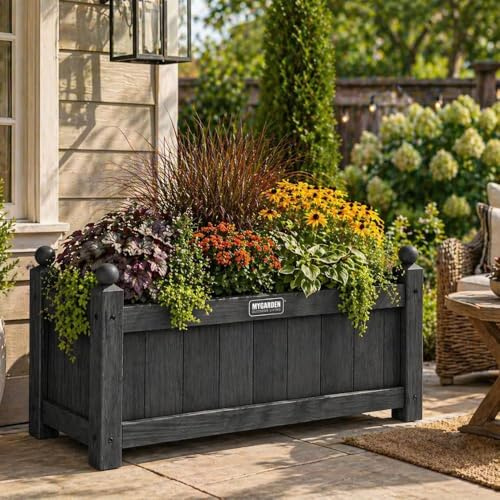 Marco Paul 90cm Grey Wooden Garden Planter Large Outdoor Flower Herb Plant Pot Rectangular Trough Wood Box for Patio Balcony Garden Decorative Container for Plants Shrubs Indoor Outdoor