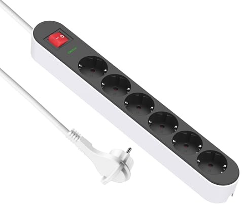Regleta de 6 enchufes con Enchufe Plano, Interruptor, Certificado TUV/GS | montaje en pared, cable de 1,5m, enchufe múltiple para hogar y oficina