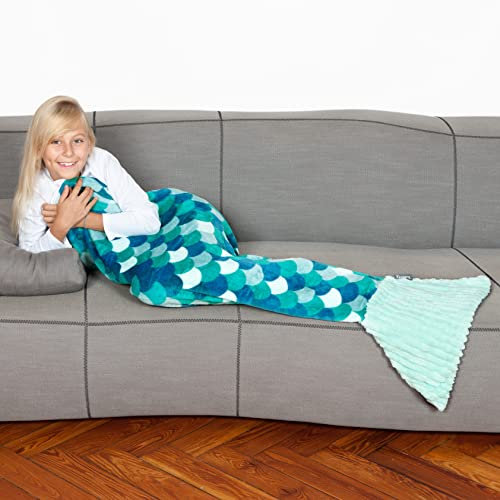 Kanguru Sirena Tail Blanket, Mermaid Sleeping Bag for Kids, fluffy fleece throw, Best Gift for Girl Turquoise, length 135 cm 53 inches, Polyester, L: 142 cm