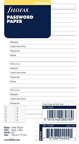 Filofax Personal Password Paper Refill, White, 95 x 171 mm