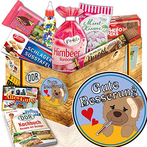 Gute Besserung Geschenkset - Ostprodukte Süßigkeiten Box mit DDR Kochbuch | Ostalgie Präsentkorb mit Zetti, Viba Nougat und Rezeptbuch - Ideales Genesungsgeschenk für Krankenhaus und Reha Besuche