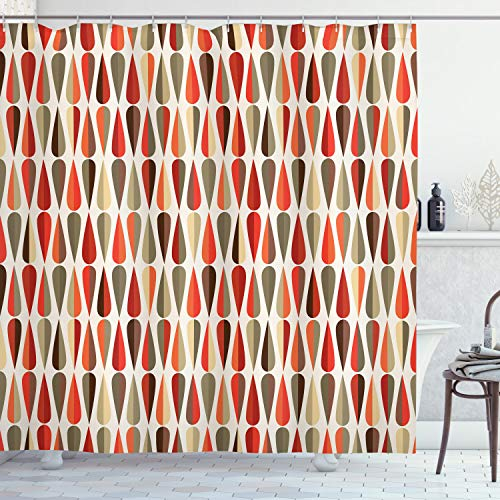 ABAKUHAUS Geometrisch Duschvorhang, 70er Jahre Retro-Stil, Stoffliches Gewebe Badezimmerdekorationsset mit Haken, 175 x 200 cm, Orange Sepia
