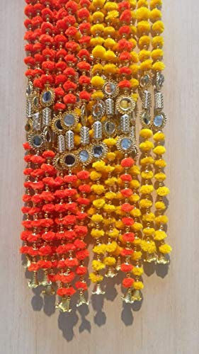 Indische handgefertigte Pompon-Girlande mit Spiegeln und Glocken, ca. 152 cm, 5 Stück, gemischte Farben, Diwali-Dekor