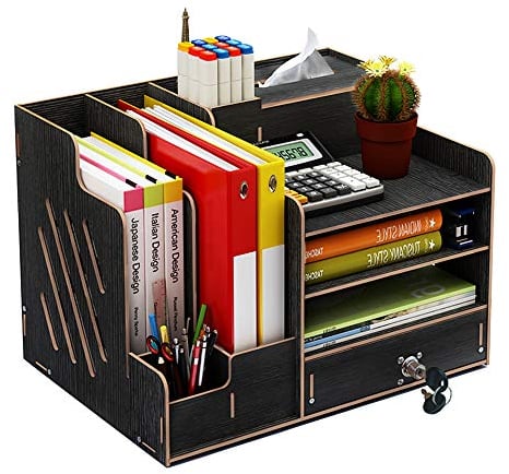 Schreibtisch-Organizer aus Holz, große Kapazität, zusammenbaubar, Bürobedarf, Aufbewahrung, Ordner, Dokumente, Zeitschriftenhalter mit Schublade, Stifthalter-Box (B07-2 Schwarz)