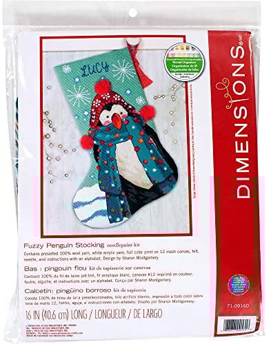 Dimensions 71-09160 Fuzzy Nadelspitze DIY Weihnachtsstrumpf, 12 Netzleinen, 40,6 cm lang, Leinwand, Acryl, Wolle, Flauschiger Pinguin, 16 Long