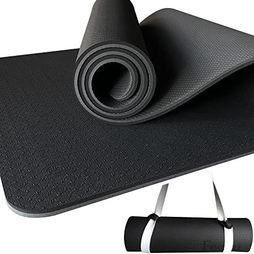Feetlu Gymnastikmatte, 10 mm, extra dick, Öko-TPE-Material, rutschfeste Bodenmatte mit Trageriemen, 182.9 x 61 cm, für alle Zwecke, Damen, Herren, Yoga, Fitness-Übungen, Heimtraining (schwarz/grau)