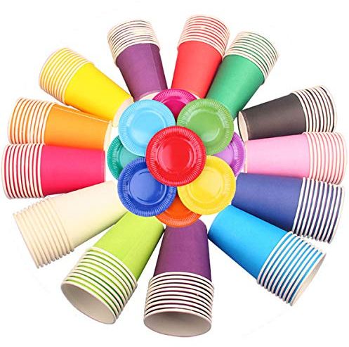 Jicyor 60PCS Gobelets Carton Jetables, 250ml Multicolore Recyclables Gobelet Carton Assiette Ensemble,pour Les fêtes, Mariage,Bricolage, Boissons Froides, Boissons Chaudes, café - 10 Couleurs