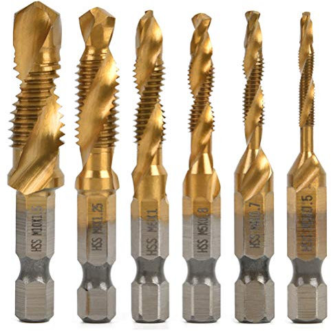 6PCS Wood Drill Tap Bits Set,1/4 HSS Drill and Tap Bits M3-10 Screw Hex Shank and Tap Bits,Gold Countersink Tap Drill Bit 6.35mm Combination Hex Shank for Wood Plastic Thin Aluminium