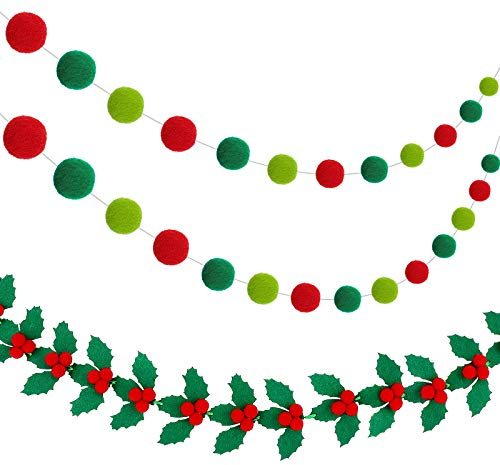 3 Stück Weihnachts-Filzkugel-Banner, rote und grüne Pompom-Girlanden, Stechpalme und Beeren, Filzbanner, Weihnachts-Stechpalmenblatt-Girlanden für Weihnachtsfeiertagsdekoration