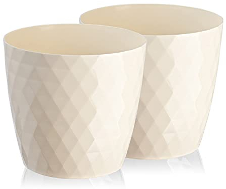 Tymar Blumentopf, 2er-Pack, glänzender, Leichter, dekorativer Pflanzentopf aus Kunststoff, Moderne, Runde Form, für Innenräume,Pflanzkübel (16 cm, Creme)