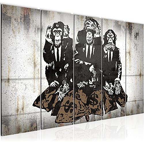 Runa Art Wandbild XXL Street Art Affen Loft Wohnzimmer 200 x 80 cm Grau 5 Teilig - Made in Germany - 037055a
