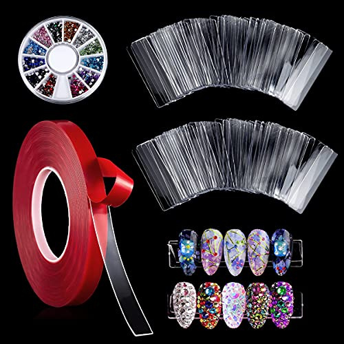 FERCAISH 100 Pcs Transparent Nail Stand Nail Art Display Stand with 10M Double Sided Tape and Nail Rhinestones, Acrylic Nail Art Practice Holder for Nail Salon Home, Women and Girls
