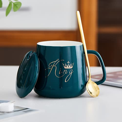 Ensemble de tasses à café en céramique avec inscription « King Queen Lady Sir », coffret cadeau, 401 à 500 ml, tasse à lettre, couvercle en céramique, cuillère, assiette chauffante (le King)
