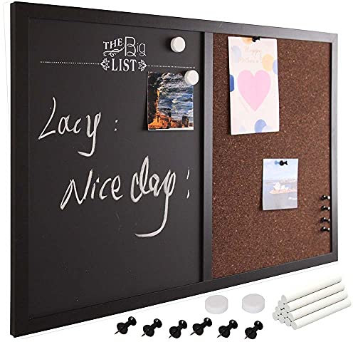 Bakaji Pizarra magnética con tablón de notas de corcho, combinada, 60 x 40 cm, marco de madera con juego de tizas 2 imanes y 6 chinchetas, diseño moderno pizarra para el hogar de la cocina o la