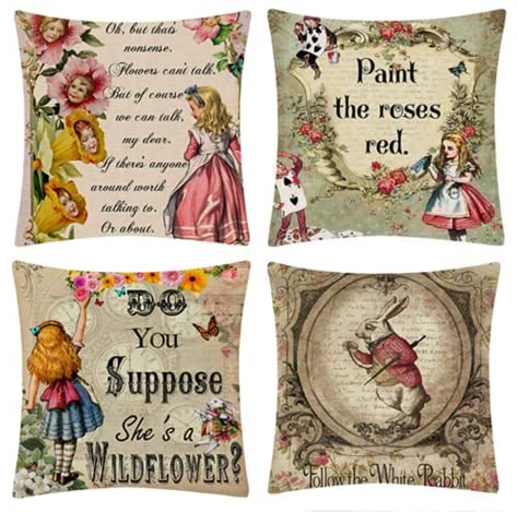 Quadratische 4er-Pack Kissenbezüge für Alice im Wunderland，Retro-Kissenbezüge 18 x 18 Zoll, Leinen Anti-Falten, hypoallergen, Lendenkissenbezüge, für Garten, Auto, Bett, Café, Sofadekoration