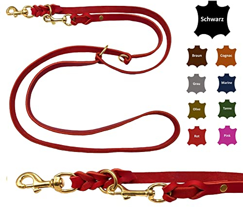 Hundeleine Fettleder Messing kleine Hunde/große Hunde 2m / 2,40m / 2,80m / 3,50m / 5m Doppelleine verstellbar (2m X 8mm, Rot)