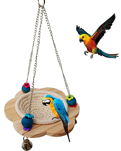 Wuzdy Papageienvogelnest,Vögel Schaukel Spielzeug,Papagei Hängen Schaukel Kauspielzeug,Natürliche Baumwolle Seil Vogel hängenden Nest,mit 3 Metallglocken,für Vogelpapagei,Nest,Handgewebtes Vogelnest