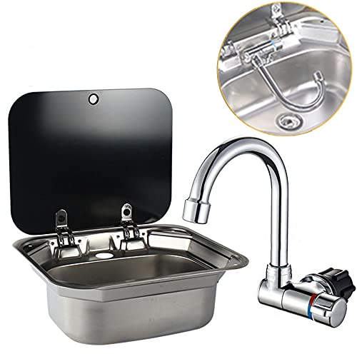 DALUOBO Fregadero de lavabo rectangular con tapa para lavamanos de acero inoxidable, apto para RV, caravana,cocina, fregadero de acero inoxidable, 41,9 x 36,3 x 16 cm (with faucet U)