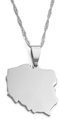 HUYUEXIN Polen Karte Anhänger Halskette - Country Umriss Ethnischer Stil Hip-Hop Schmuck, Einfarbige Charm Dünne Kette, Frauen/Mädchen/Männer Unisex,Silber,17,71 Zoll (45 cm)