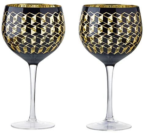 Artland - Cubic Gin Glasses - Gin Glasses Set of 2 - Tall Stem - Handmade, Mouth Blown Gin Glass - Luxury Gin Set - Black Gold Cubic Design