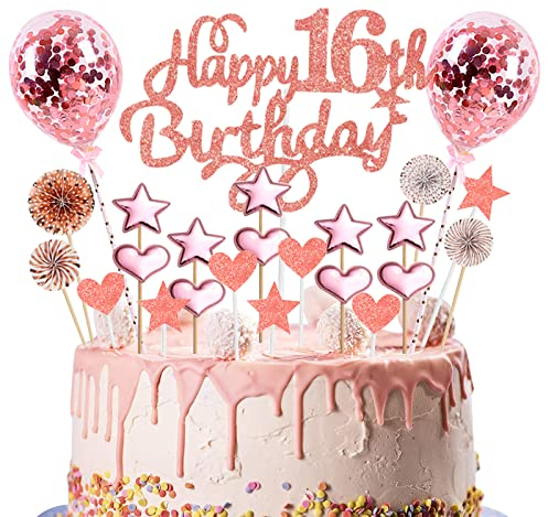 Happy Birthday Cake Topper 16th, 23pcs Rose Gold Glitter Happy 16th Birthday Cake Topper Kit with Star Heart Paper Fan Confetti Balloon, Cupcake Topper for Girls 16th Birthday Party Cake Decorations
