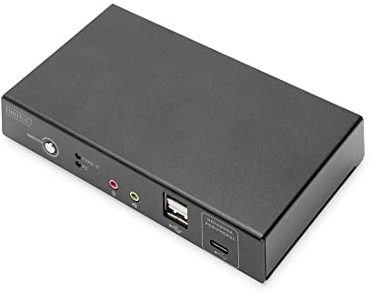 DIGITUS KVM-Switch HDMI – USB-C für Notebook-Anschluss – 2-Port Single-Display – 2 PC 1 Monitor – 1x Maus, Tastatur & Audio für 2 Computer – RJ45 LAN-Port & USB-C Hub für Laptop – Schwarz