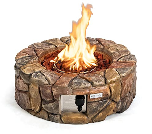 Tangkula Patiojoy - Braciere rotondo a gas propano da 71 cm, 40.000 BTU effetto pietra, per esterni, con rocce laviche e copertura in PVC, tavolo in finta pietra per patio, cortile, giardino (marrone)