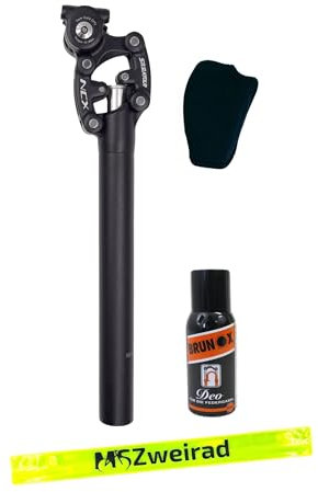 Suntour Federsattelstütze SP25-NCX Durchmesser 30,9mm/31,6mm, Länge 350mm,Gewicht 65-95kg, 95-120kg Parallelogramm inklusive Brunox Deo und MSZweirad Reflexband (Bis 70 kg, ø 30,9 mm)