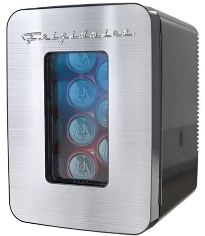 FRIGIDAIRE Mini refrigerador (EFMIS200-SS) – Elegante refrigerador pequeño con puerta de acero inoxidable y ventana de fácil visualización que soporta 15 latas o 10 litros