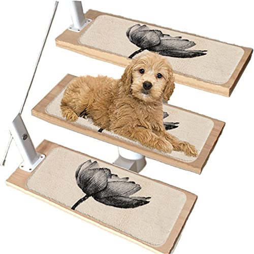 AYVADA Treppenstufen Anti-Rutsch-Teppich Innen,Schwarz-Weiß-Teppich Treppenstufen Selbstklebend Waschbar Treppenteppiche Matten,3D Lotus,70X22cm/27.5X8.6,15PCS