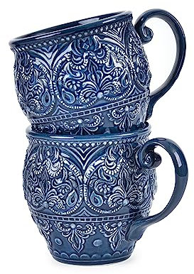 Sungmor Juego de vajilla de porcelana de estilo antiguo barroco, juego de 2 tazas de café, tazas grandes de 18 onzas con asa, tazas de cerámica esmaltadas elegantes para café, té, leche y jugo